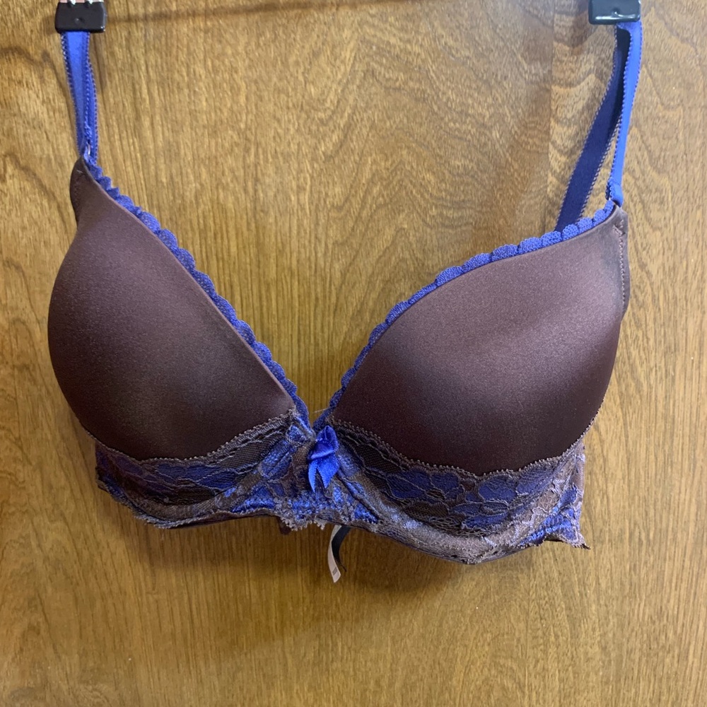 Royal blue and brown lace push up bra